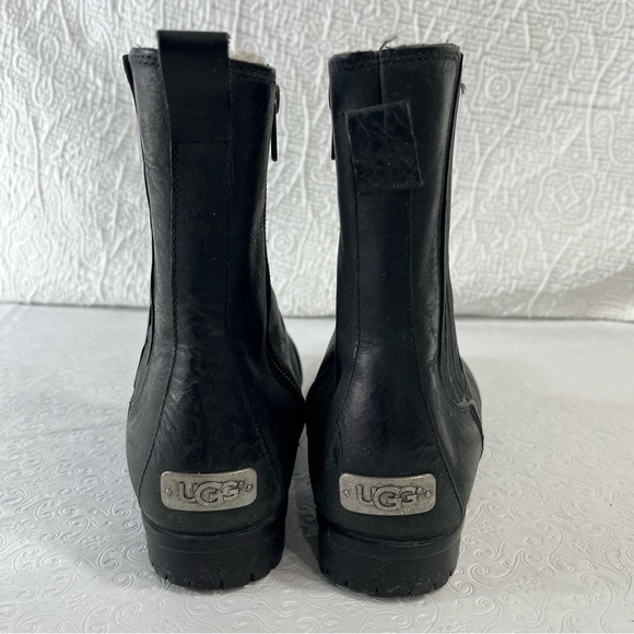 UGG Ramos Leather Ankle Boots Women Size 8.5 Water Resistant Black Shearling - Picture 5 of 16
